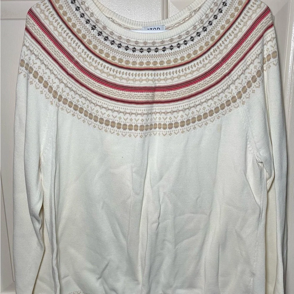 Izod Cream Sweater with‎ Red and Brown Accents